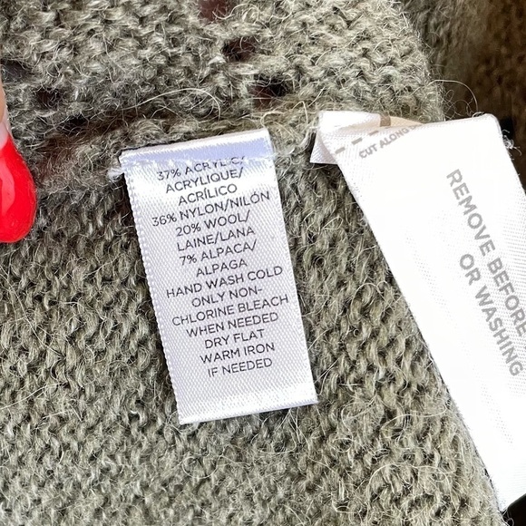 Lou & Grey Wool Alpaca Long Sleeve Loose Knit Open Front Green Tan Cardigan - Picture 6 of 7